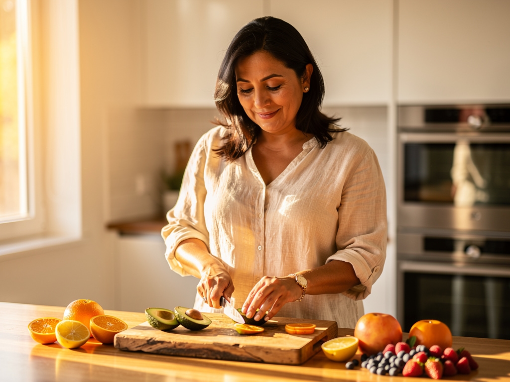 Mujer chilena de unos 45 años preparando desayuno saludable en cocina luminosa con frutas y productos naturales