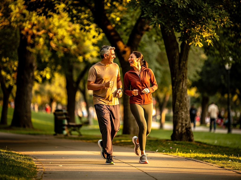 Hombre y mujer chilenos de mediana edad caminando a paso rápido en parque urbano con ropa deportiva casual, expresión relajada y energética