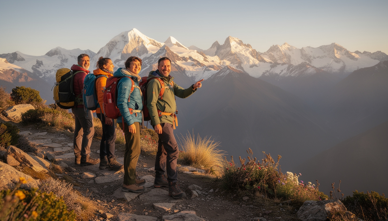 Grupo de adultos mayores de 40 años realizando trekking en sendero andino con paisaje montañoso chileno al fondo